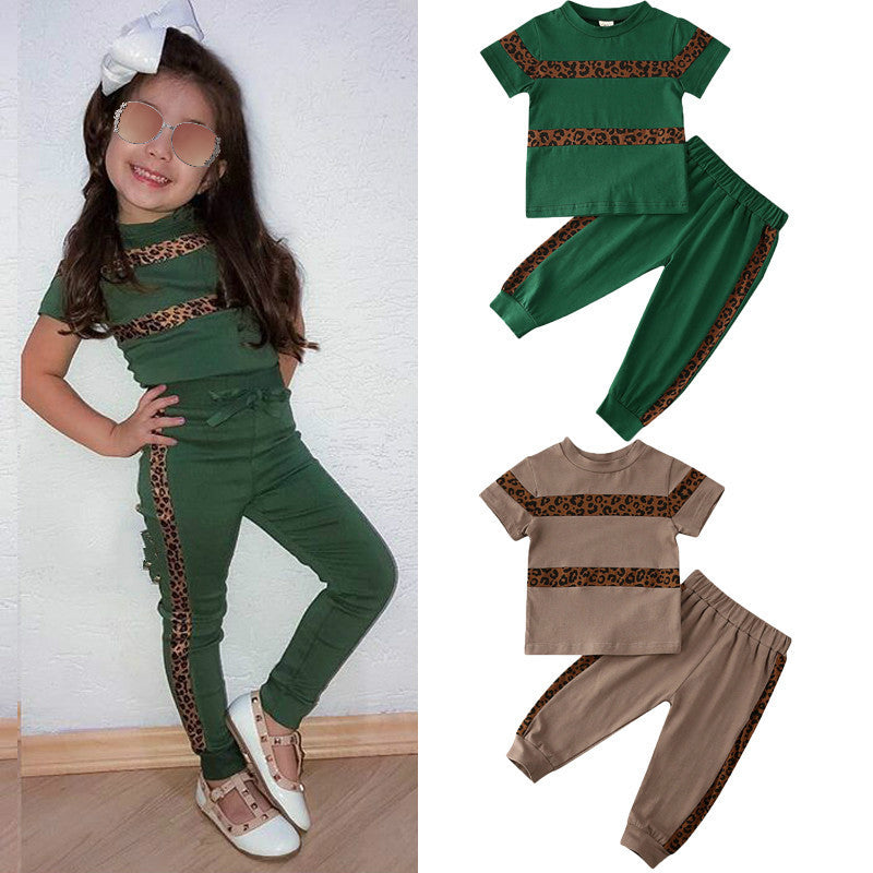 Fashion Children's Leopard Print T-Shirt And Trousers Two-Piece Suit