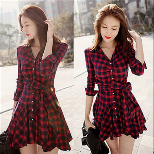 Trendy office attire for women, Long-sleeve flannel plaid dress with ruffle details and button-down front.