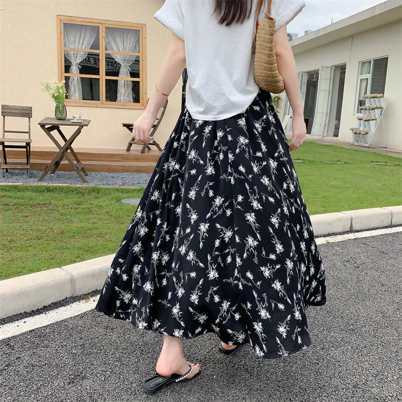 Floral Large Swing Half-length Tight Waist Umbrella Skirt Chiffon