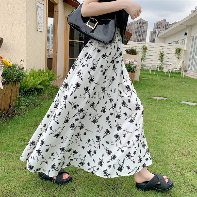 Floral Large Swing Half-length Tight Waist Umbrella Skirt Chiffon