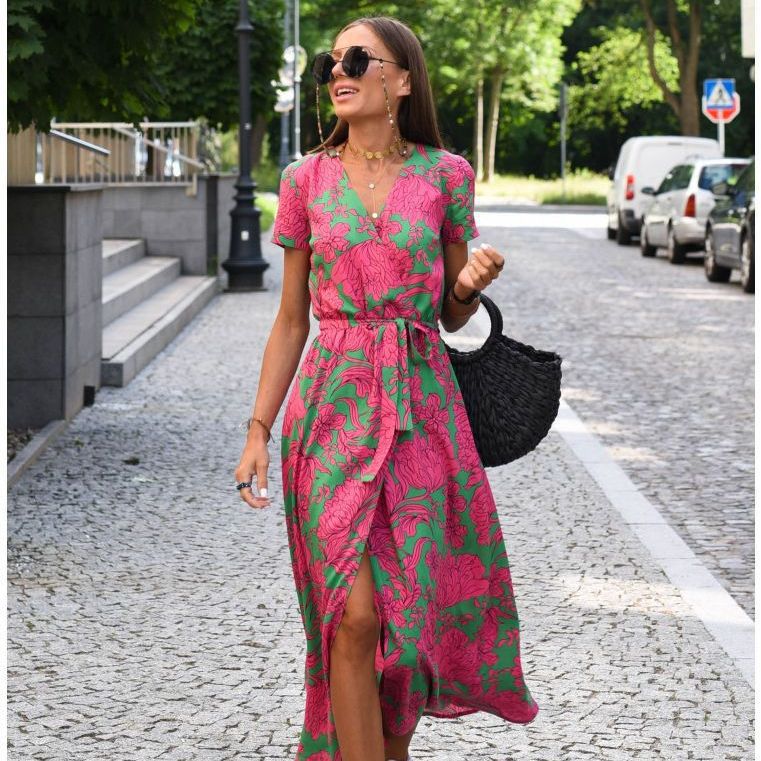 Women's summer new v-neck print tie dress