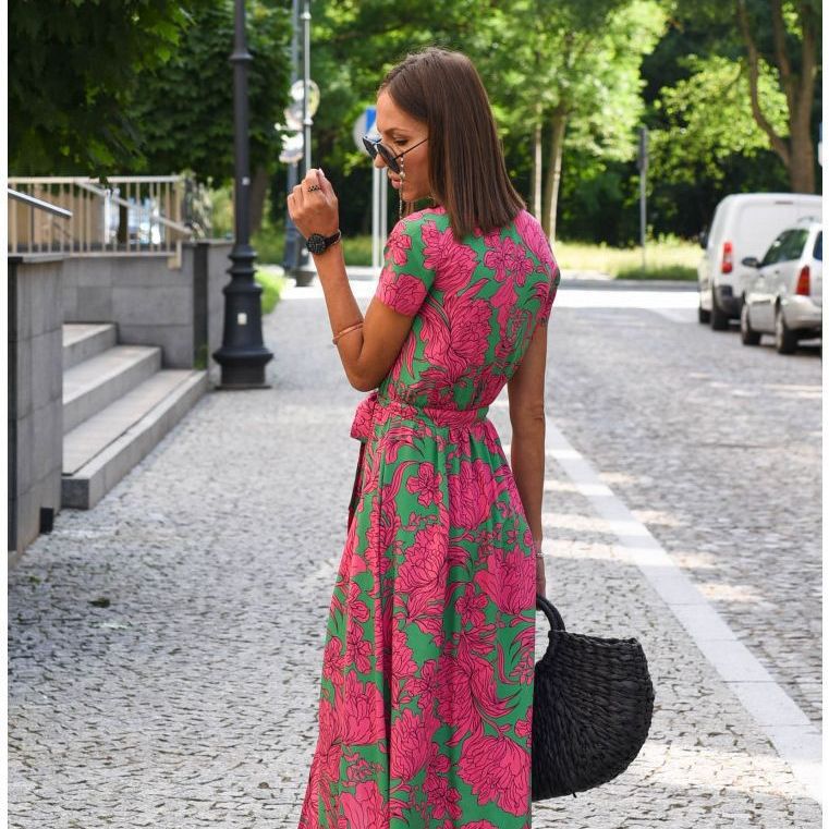 Women's summer new v-neck print tie dress