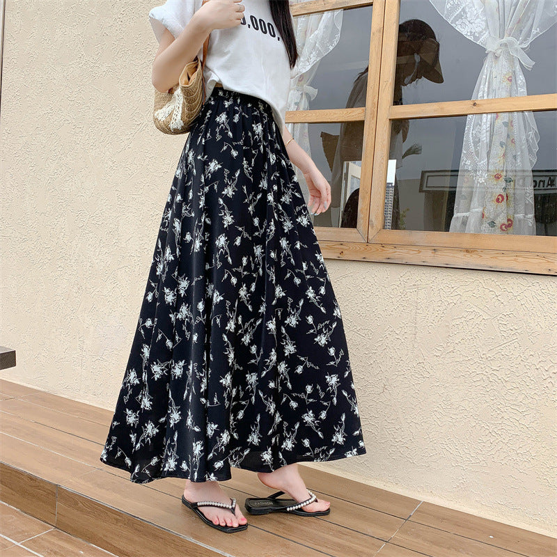 Floral Large Swing Half-length Tight Waist Umbrella Skirt Chiffon