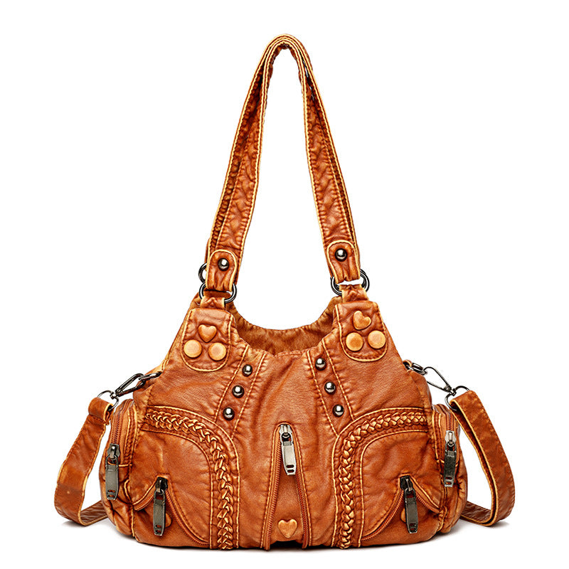 2021 real washed leather motorcycle bag fashion solid color women's one-shoulder handbag wholesale cross-border hot sale women's bag new