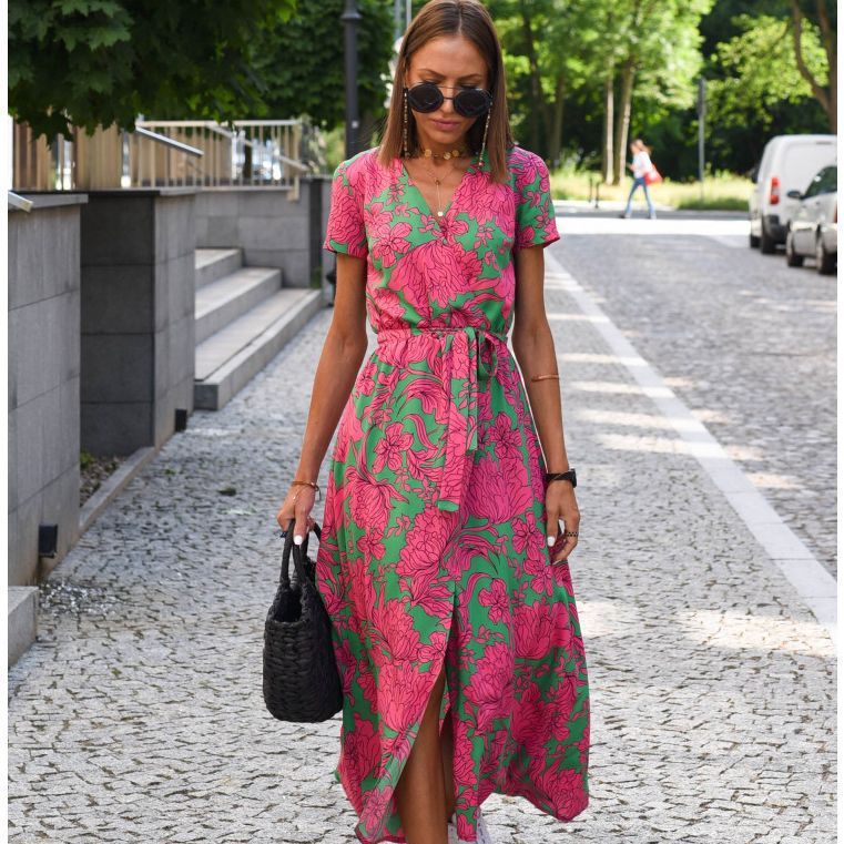 Women's summer new v-neck print tie dress