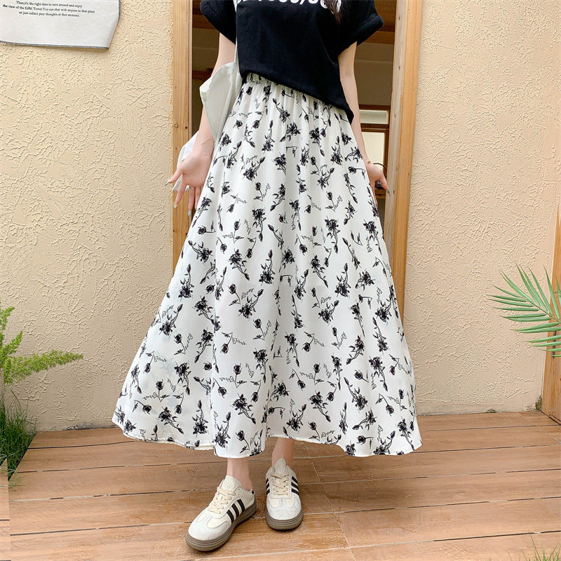 Floral Large Swing Half-length Tight Waist Umbrella Skirt Chiffon