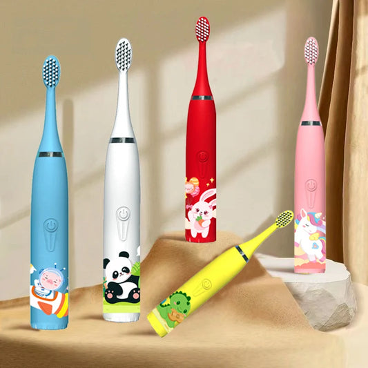 Cartoon Kids Electric Toothbrush: Rechargeable & Waterproof with Replaceable Heads