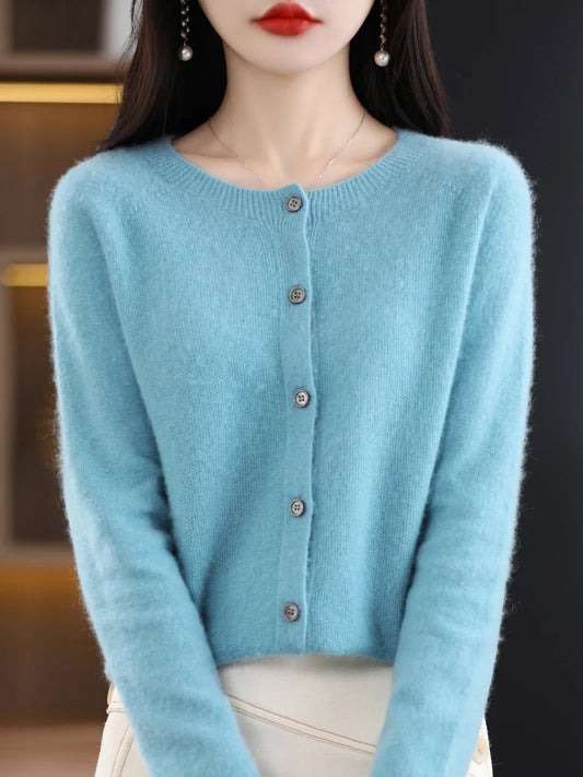 100% Merino Wool Womens O-neck Cardigan Cashmere Sweater Top