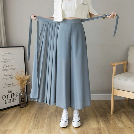 Women Summer Style  Skirt Trousers, High-Waist Pleated Chiffon Pants with Wide Legs