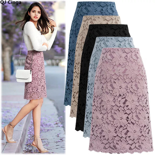 Women Elegant Lace Summer Skirt: Office Skirts Pencil Style, High-Waist, Knee-Length