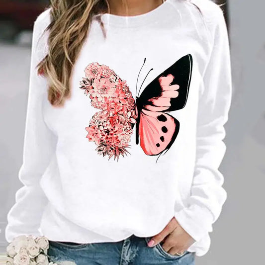 Lovely flower butterfly pullovers casual O-neck hoodies for women