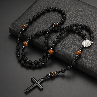 Natural Stone Black Volcanic Rock Yellow Tiger Eyes Iron Stone Cross Necklace