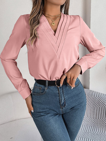 Fashion V-Neck Long Sleeve Shirt Elegant Commuter Solid Blouse Office Women's Clothing