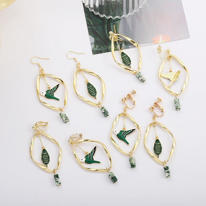 Retro Mori Style Green Bird Earrings Geometric Leaf Ear Clip