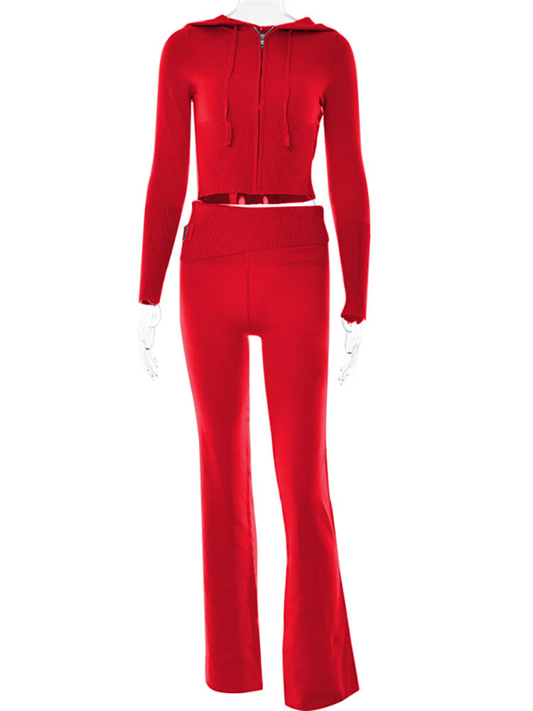 Knitted Hooded Suits Women's High Waist Long Sleeves Trousers Two-piece Set