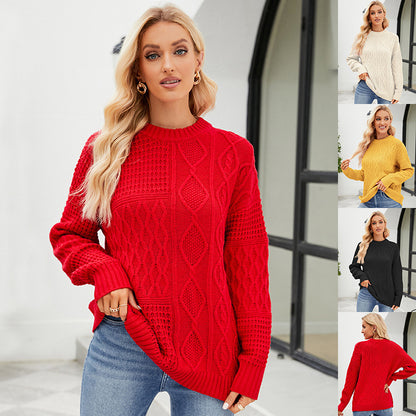 Casual Round-neck Pullover Sweater Fall Winter Solid Color Cable-knot Pattern Tops Women Clothing