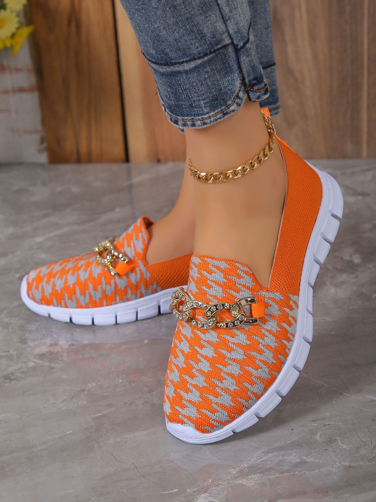 Casual Houndstooth Print Chain Mesh Shoes Summer Walking Sports Flat Shoes Women Breathable Loafers