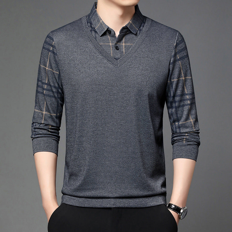 Men Fake Two-piece Lapel Long-sleeved Men's T-shirt