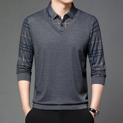 Men Fake Two-piece Lapel Long-sleeved Men's T-shirt