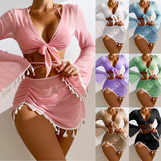 Solid Color Bikini With Short Skirt And Long Sleeve Cover-up Fashion Bow Tie Fringed Swimsuit Set Summer Beach Womens Clothing