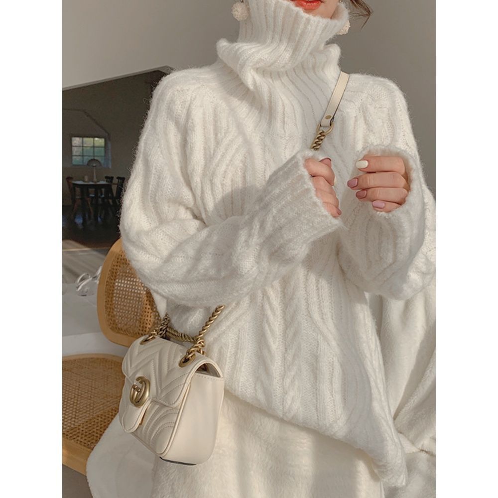 Thickened Twist Soft Waxy Mid-length White Loose Turtleneck Sweater Women