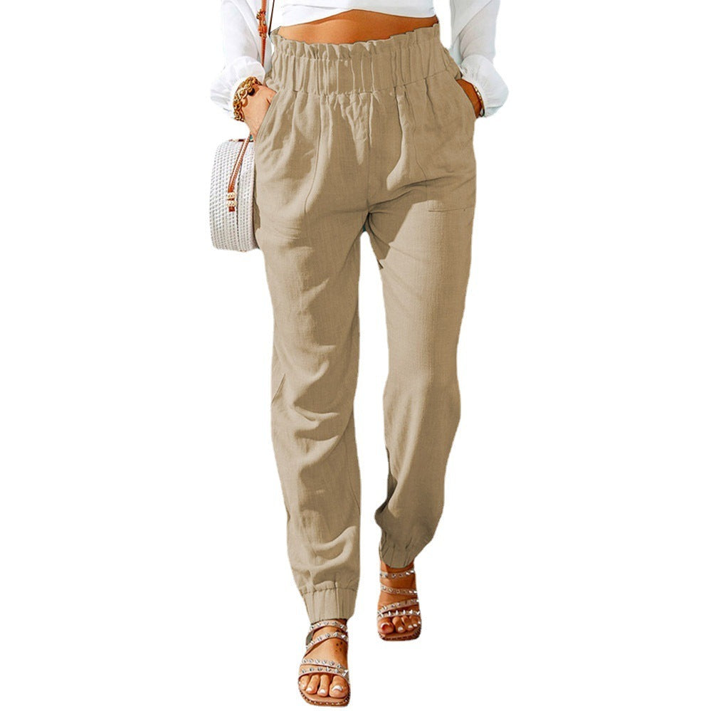 New Casual Pants European And American Ruffled Elastic Belt High Waist Trousers