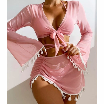 Solid Color Bikini With Short Skirt And Long Sleeve Cover-up Fashion Bow Tie Fringed Swimsuit Set Summer Beach Womens Clothing