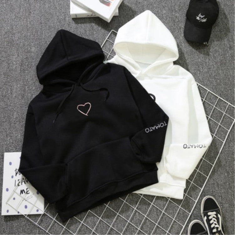 Love Embroidery Hooded Pullover Plus Fleece Sweater Fashion