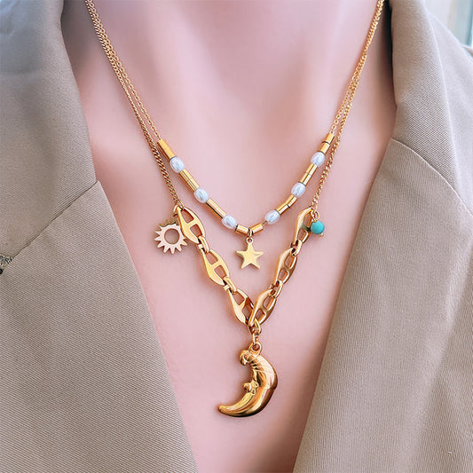 Good Night Moon Clavicle Chain Pearl XINGX Double-layer Pendant Necklace