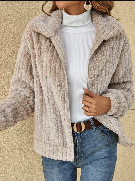 Autumn And Winter New Style Pit Striped Plush Cardigan Lapel Short Jacket