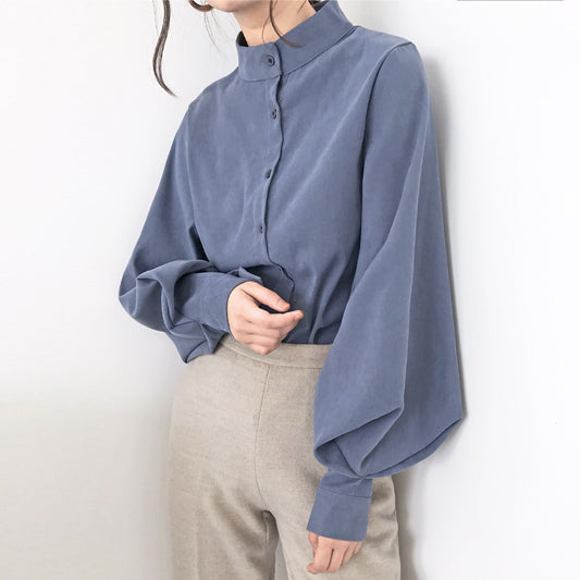 autumn and winter shirt stand-up collar lantern sleeve shirt long-sleeved loose top