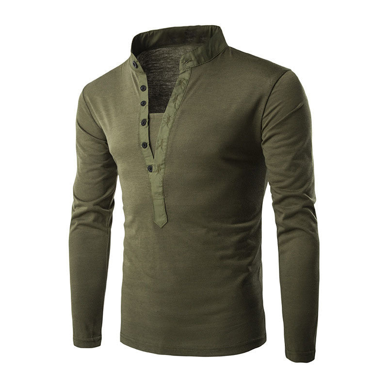 Stand-up Collar Casual Button Placket Slim Long-Sleeved T-shirt