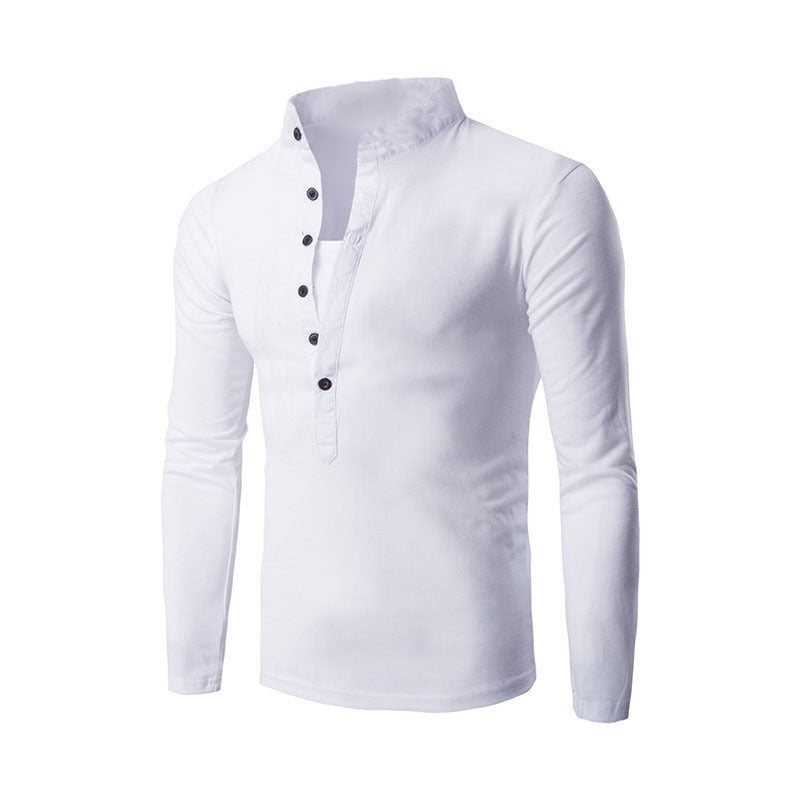 Stand-up Collar Casual Button Placket Slim Long-Sleeved T-shirt