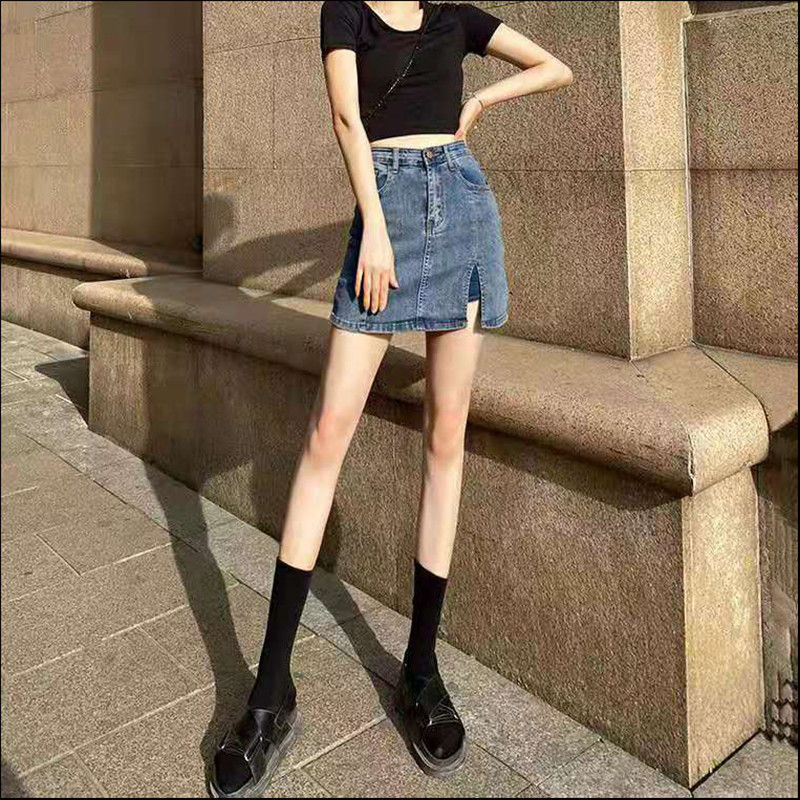 Fashionable And Simple Side Slit Denim Skirt