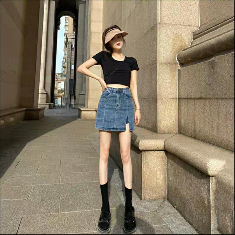 Fashionable And Simple Side Slit Denim Skirt