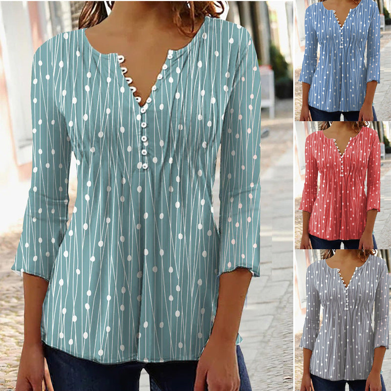 Fashion Printed Long Sleeved Shirt V-neck Blouses Ladies