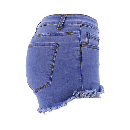 Blue High-waisted Feet Fringed Denim Shorts Women