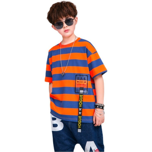 Tide Brand Korean Version Of The Big Boy Pure Cotton Fat Boy Striped Children's Loose Children's Clothing