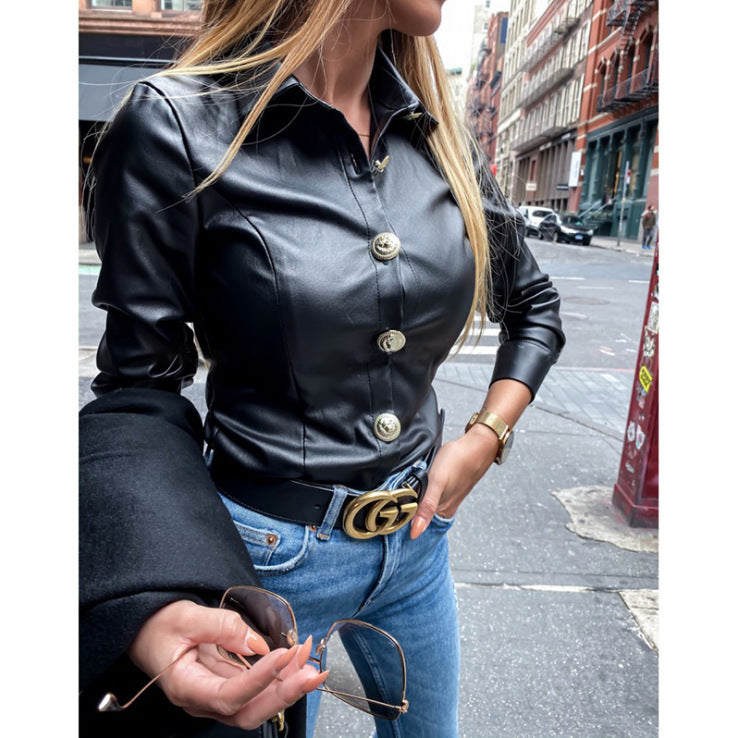 Cross-border 2020 European and American autumn and winter new products women's leather jackets single-breasted lapel long-sleeved casual fashion leather shirts