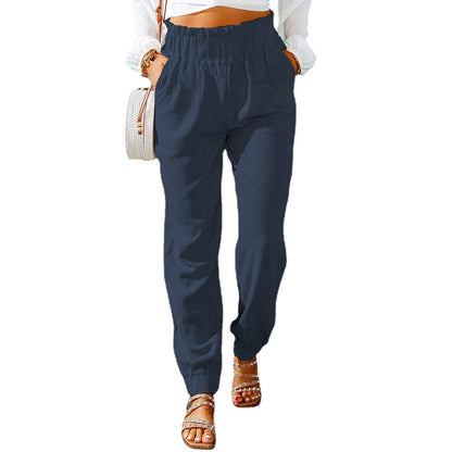 New Casual Pants European And American Ruffled Elastic Belt High Waist Trousers