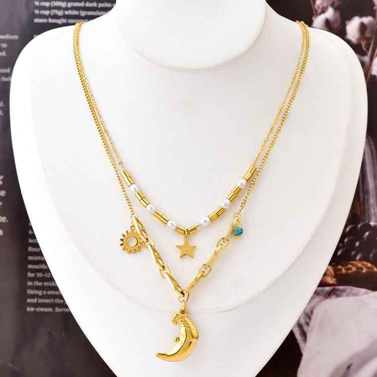 Good Night Moon Clavicle Chain Pearl XINGX Double-layer Pendant Necklace