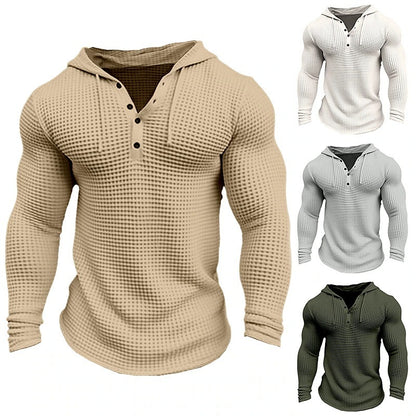 Men's Waffle Button Hoodie T-shirt Top Vacation Long Sleeve Casual Fashion