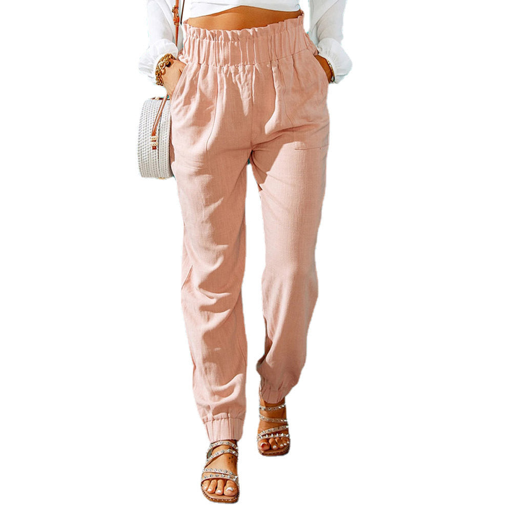 New Casual Pants European And American Ruffled Elastic Belt High Waist Trousers