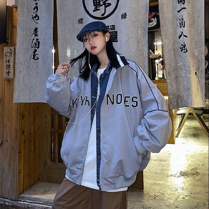 Vintage Mock Neck Loose Baseball Suit Versatile Coat Women