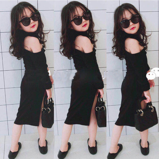 Spring and summer girls'' off shoulder dress children''s fashion children''s skirt bottomed skirt