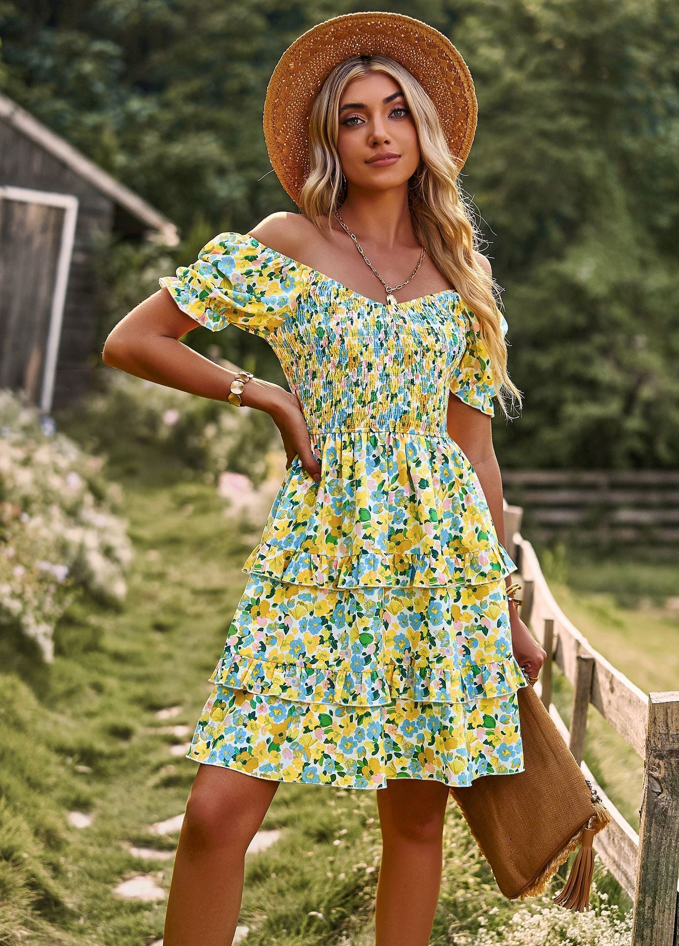 Floral Ruffle Summer Dress Short Sleeve Off Shoulder Mini Dress Beach