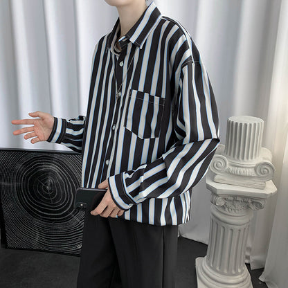 Hong Kong Style Color Block Striped Long-sleeved Shirt