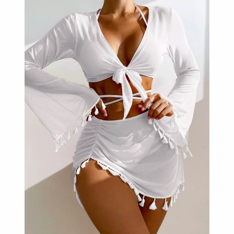 Solid Color Bikini With Short Skirt And Long Sleeve Cover-up Fashion Bow Tie Fringed Swimsuit Set Summer Beach Womens Clothing