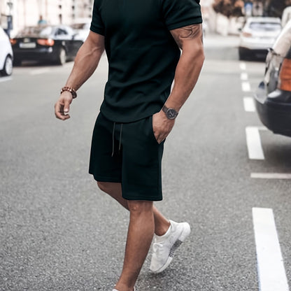 Men's Outfit, Solid Casual Crew Neck Short Sleeve T-Shirt & Drawstring Shorts 2-piece Set For Summer Outdoor Activities