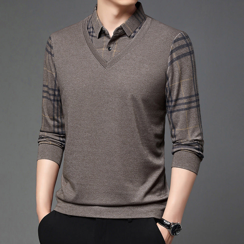 Men Fake Two-piece Lapel Long-sleeved Men's T-shirt